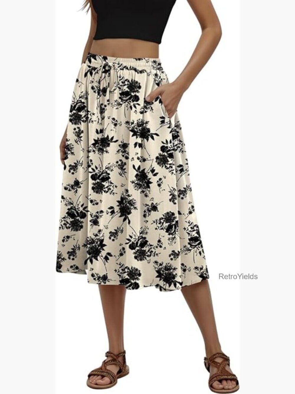 Women's Midi Skirt Pleated Flowy High Waisted A-Line with Pockets